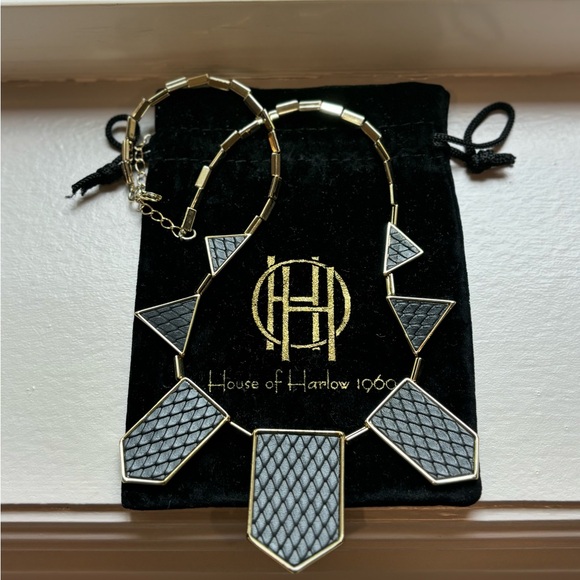 House of Harlow Gold & Black Leather Geometric Necklace - Picture 2 of 4